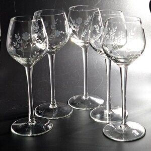 5 Vintage Floral Liquor Cocktail Glasses 7.5" etched flower bouquet 4oz romantic